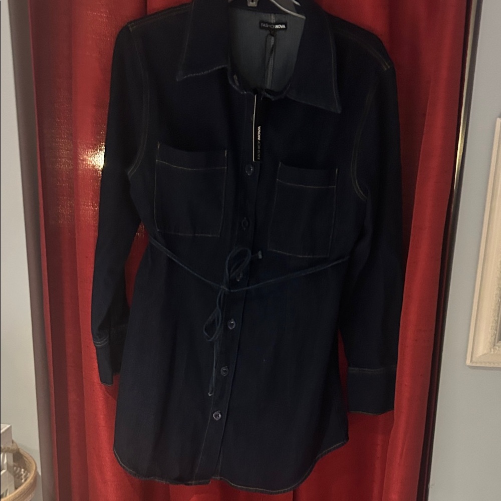 Fashion Nova Navy Button-Front Denim Shirt Jacket